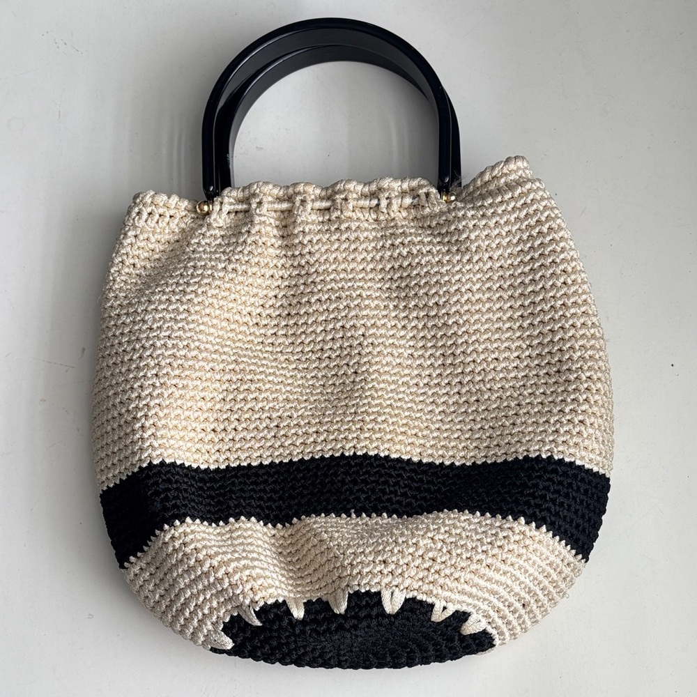 Saks Fifth Avenue Cream and Black Crochet handbag with Black Handles